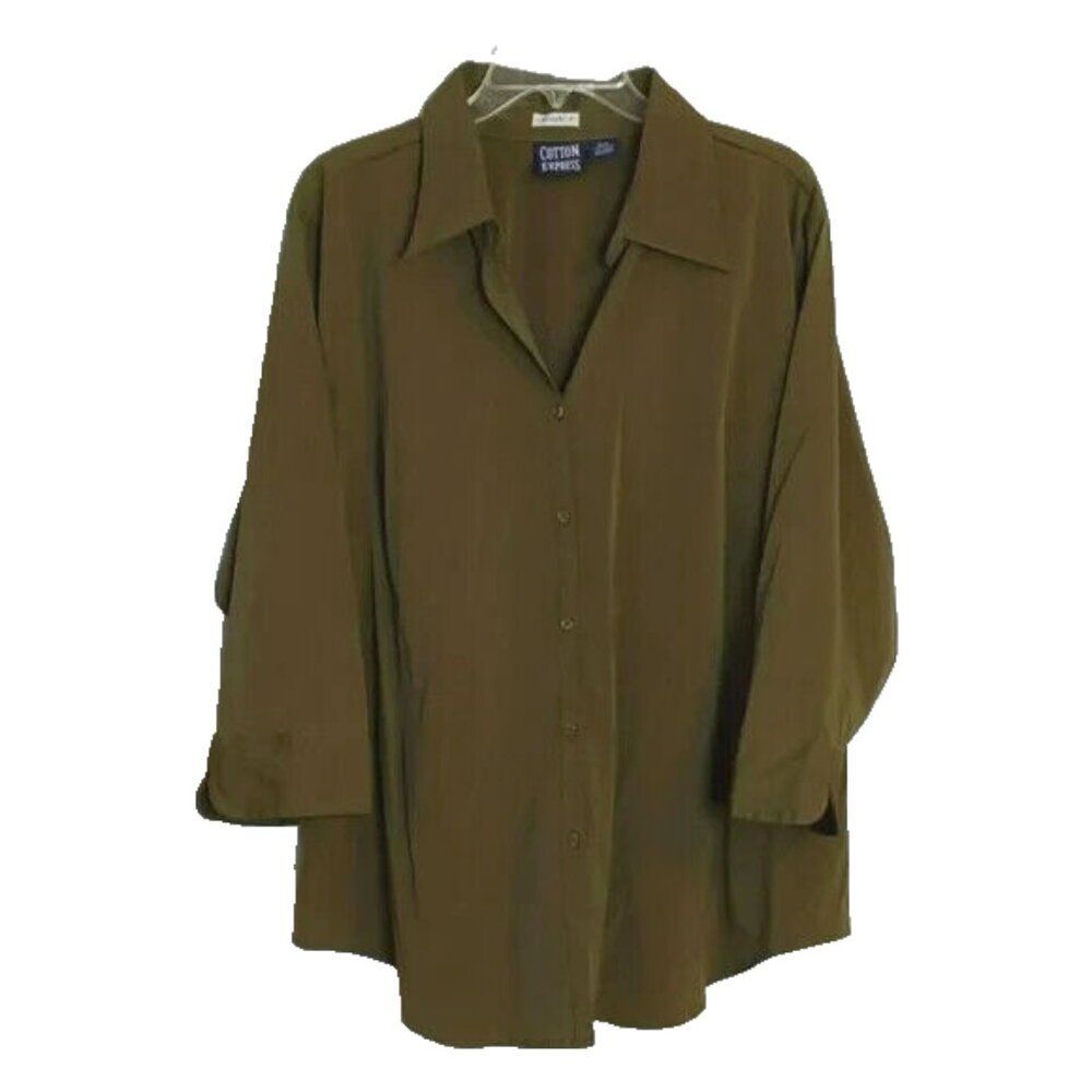 Cotton Express Olive Drab Green Button Down Top Women's Plus 18/20 VINTAGE